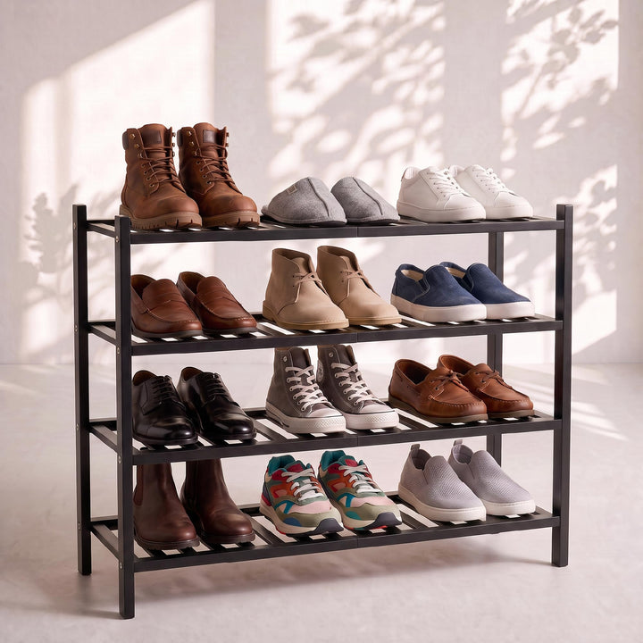 Schuhregal aus Bambus, Schuhablage mit 4 Ebenen, 68 x 28 x 64 cm, Erweiterbar Stapelbar, Schuhschran