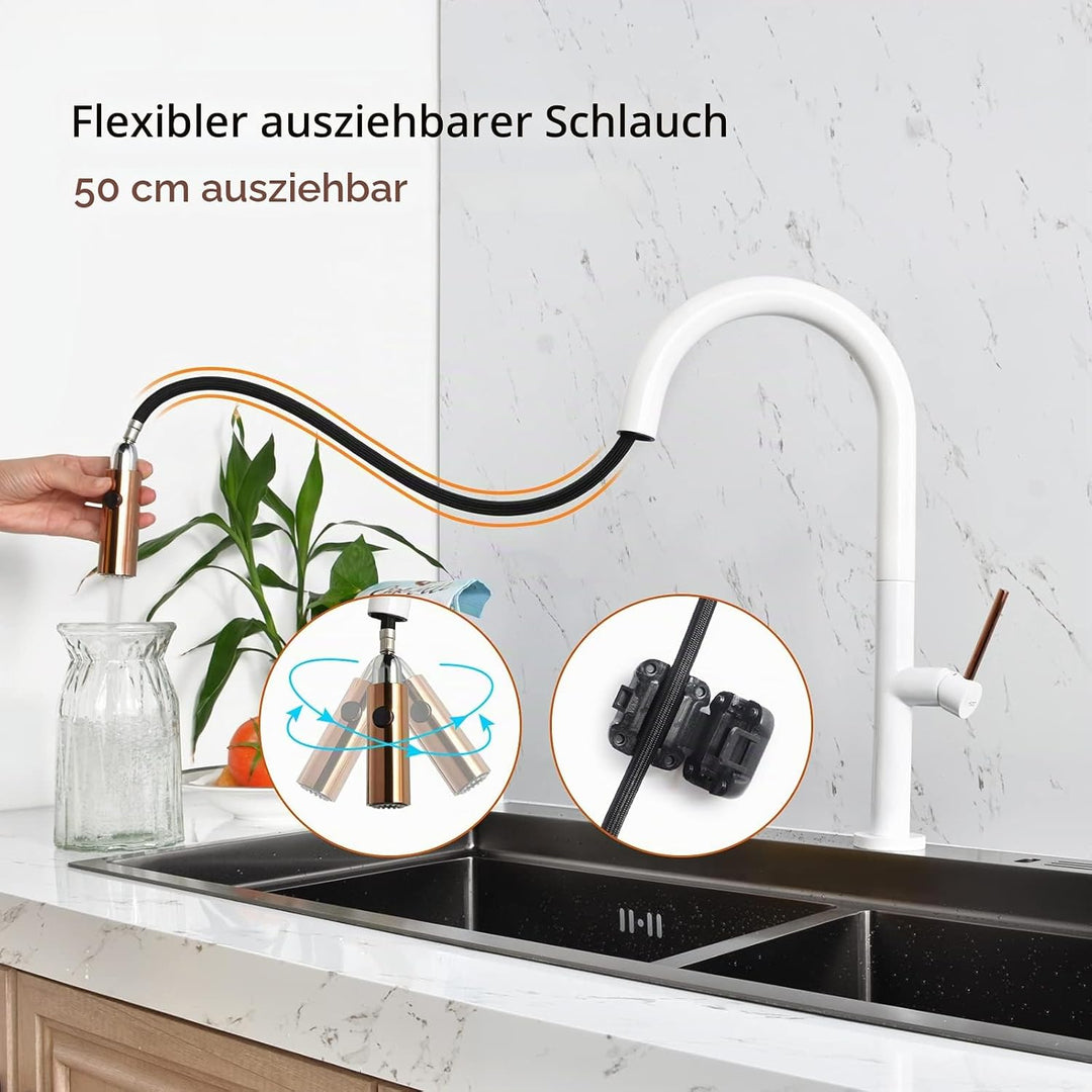 PHASAT Wasserhahn Küche 360° Drehbar, Küchenarmatur mit Brause Herausziehbar 2 Strahlarten, Spültisc
