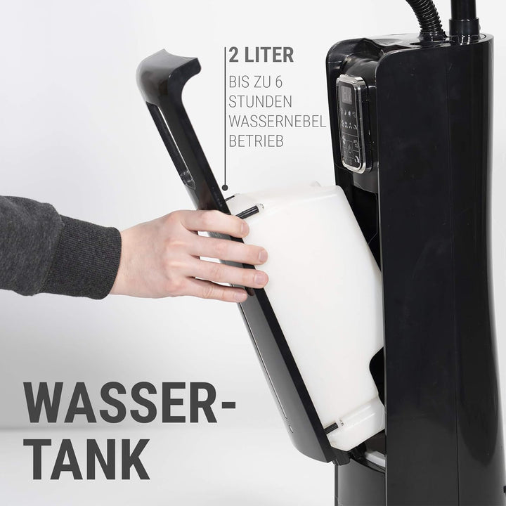 VASNER Cooly Ventilator schwarz mit AirCape Schutzhülle weiss – Standventilator Wasser Sprühnebel, 3
