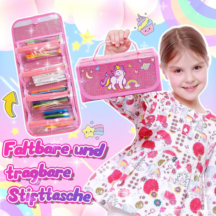 HappyGoLucky Malset für Kinder Wasserfarbkasten Marker Set, Geschenk Mädchen 3-10 jahre, Federmäppch