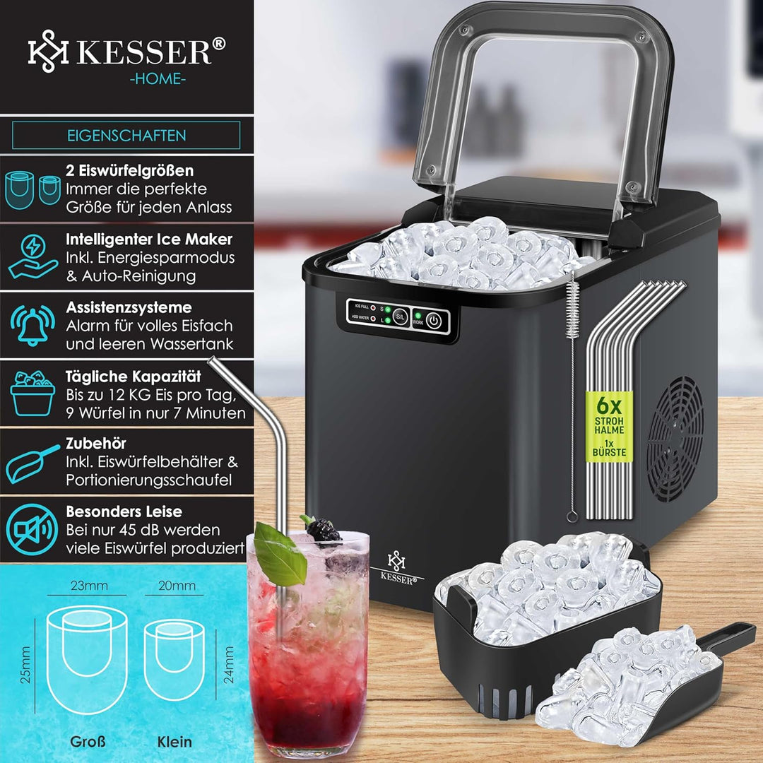 KESSER® Eiswürfelbereiter | Eiswürfelmaschine Edelstahl | Ice Maker | 12 in 24h | Zubereitung in 7 m