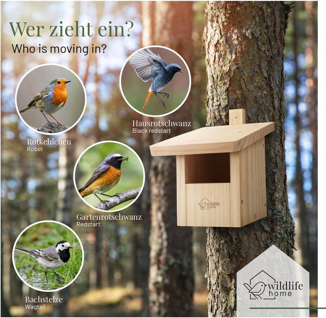 WILDLIFE HOME Nistkasten Halbhöhle für Rotschwänzchen, Rotkehlchen aus Massiv-Holz I Nistkästen für