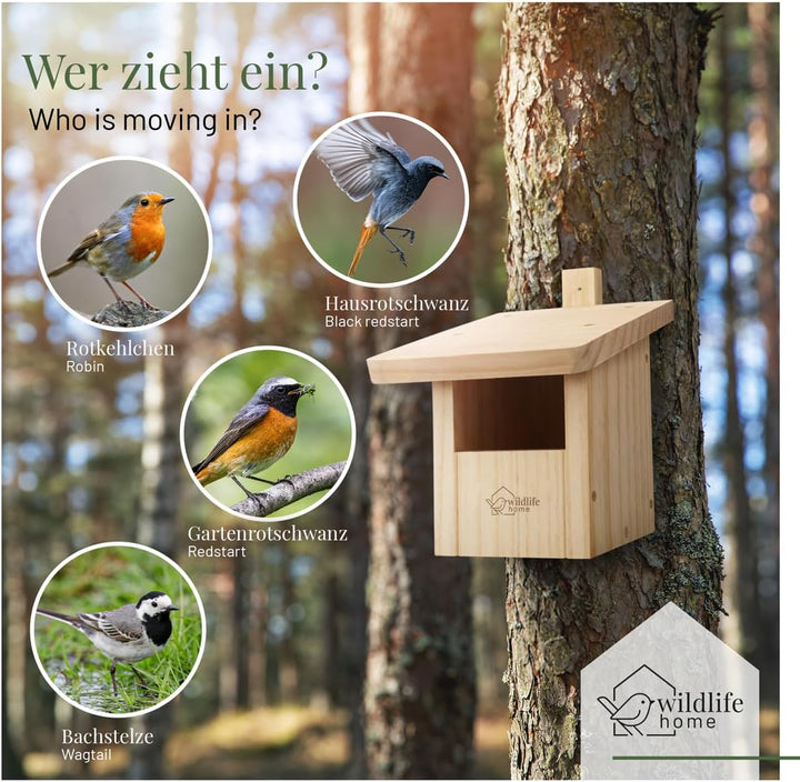 WILDLIFE HOME Nistkasten Halbhöhle für Rotschwänzchen, Rotkehlchen aus Massiv-Holz I Nistkästen für