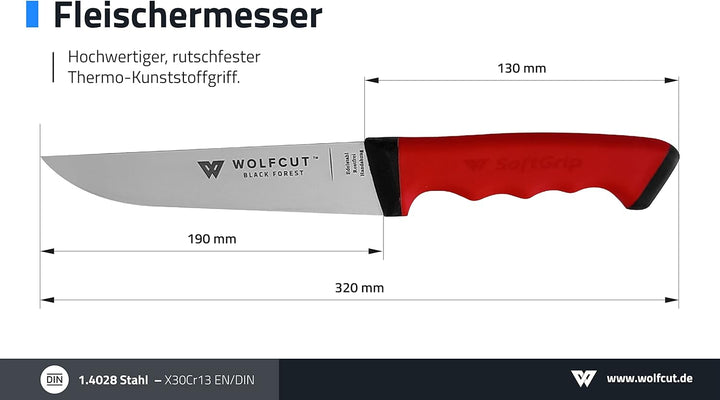 Wolfcut SoftGrip Serie - Metzgermesser-Set 6-tlg. - Ausbeinmesser13 und 15 cm, Stechmesser, Fleische