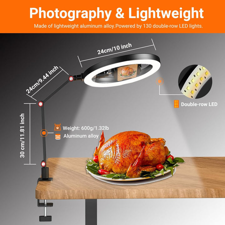 APEXEL 10" Ringlicht Mit Ständer und Telefonhalter, USB LED für Schreibtisch, Overhead Stativ Mit Ve