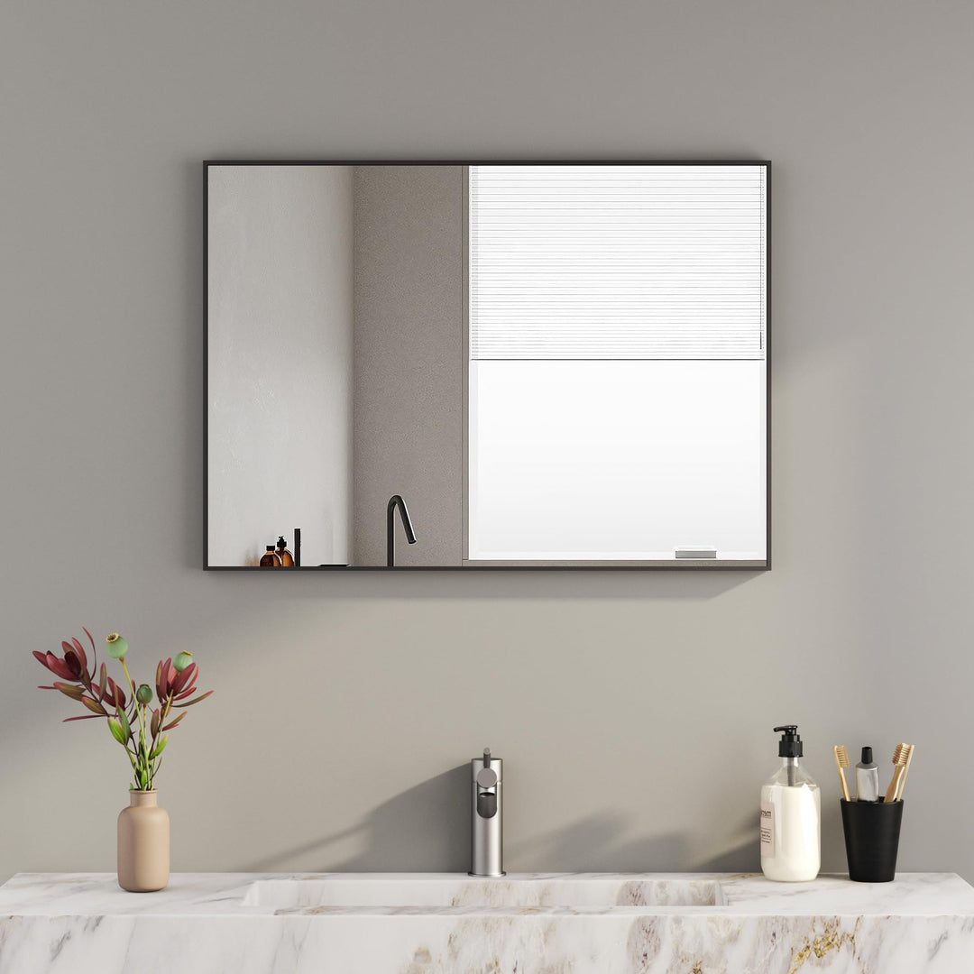 Spiegel Schwarz 40x60 cm Wandspiegel Rechteckiger Kosmetikspiegel Wandmontage Edelstahl für Badezimm