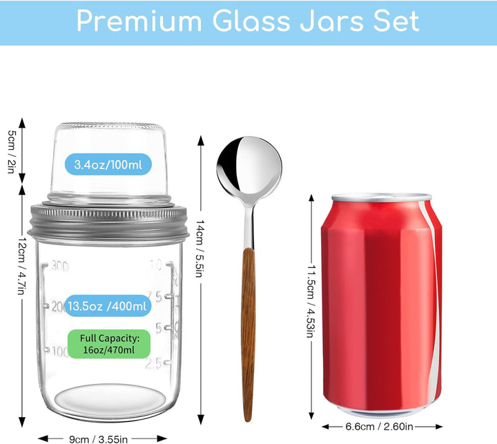 4er Overnight Oats Gläser 400ml+100ml, Joghurtbecher to go mit Doppelschicht-Design und Edelstahlöff