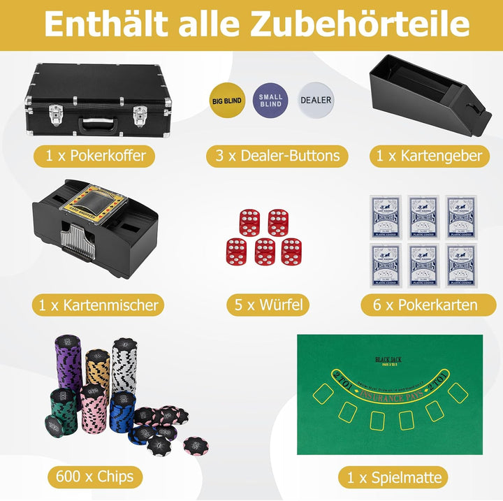 DREAMADE Pokerkoffer mit 600 Laser Poker Chips/ 6 Pokerkarten Set/Kartenmischer/Kartengeber/Spielmat