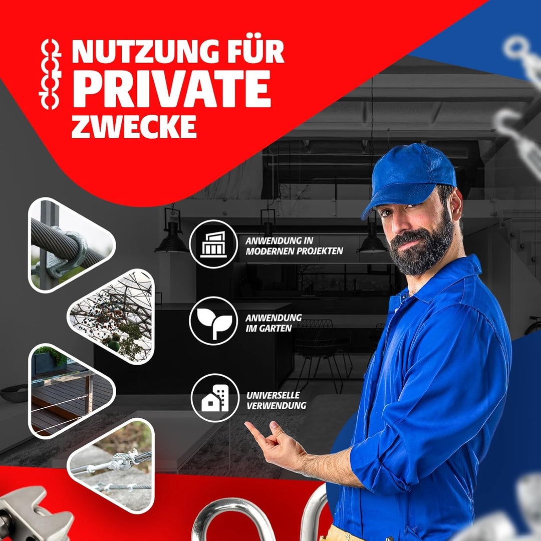 DQ-PP STAHLSEIL SET | 6mm | 10m | 6 x Seilklemmen Bügel 6mm | 2 x Spannschloss M4 Haken – Öse | Edel