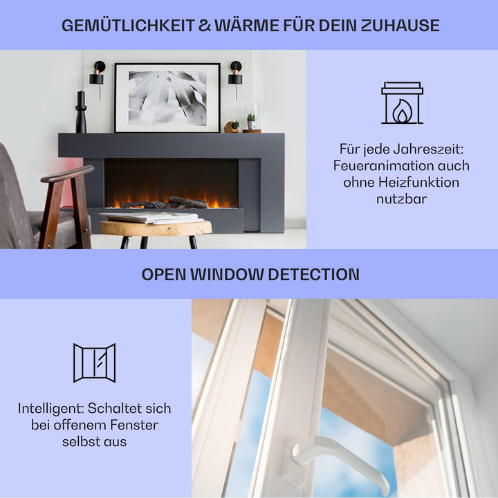 Klarstein Deko Kamin mit LED-Flammen, Elektro Kamin mit Heizung, 2000W Elektrisch, Sparsam, Wandkami