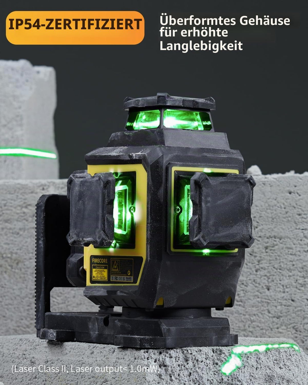 Kreuzlinienlaser mit Stativ, Firecore Laser-Wasserwaage Selbstnivellierend Linienlaser Grün, 3×360°