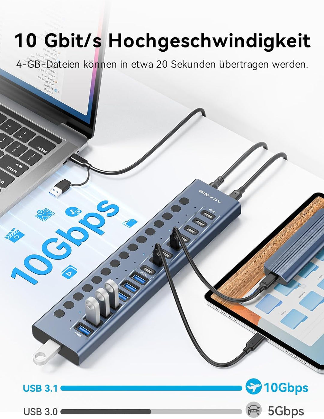 ACASIS USB-3.2-Hub mit 16 Anschlüssen (8 USB-A 3.2-Anschlüsse + 8 USB-C-3.2-Anschlüsse), Aluminium-U
