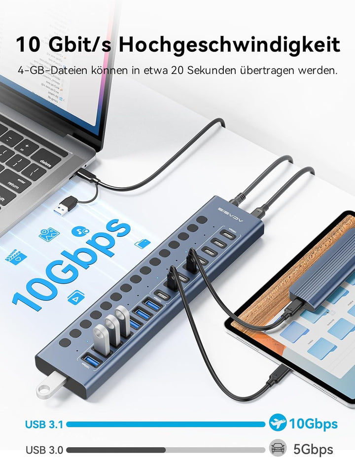 ACASIS USB-3.2-Hub mit 16 Anschlüssen (8 USB-A 3.2-Anschlüsse + 8 USB-C-3.2-Anschlüsse), Aluminium-U