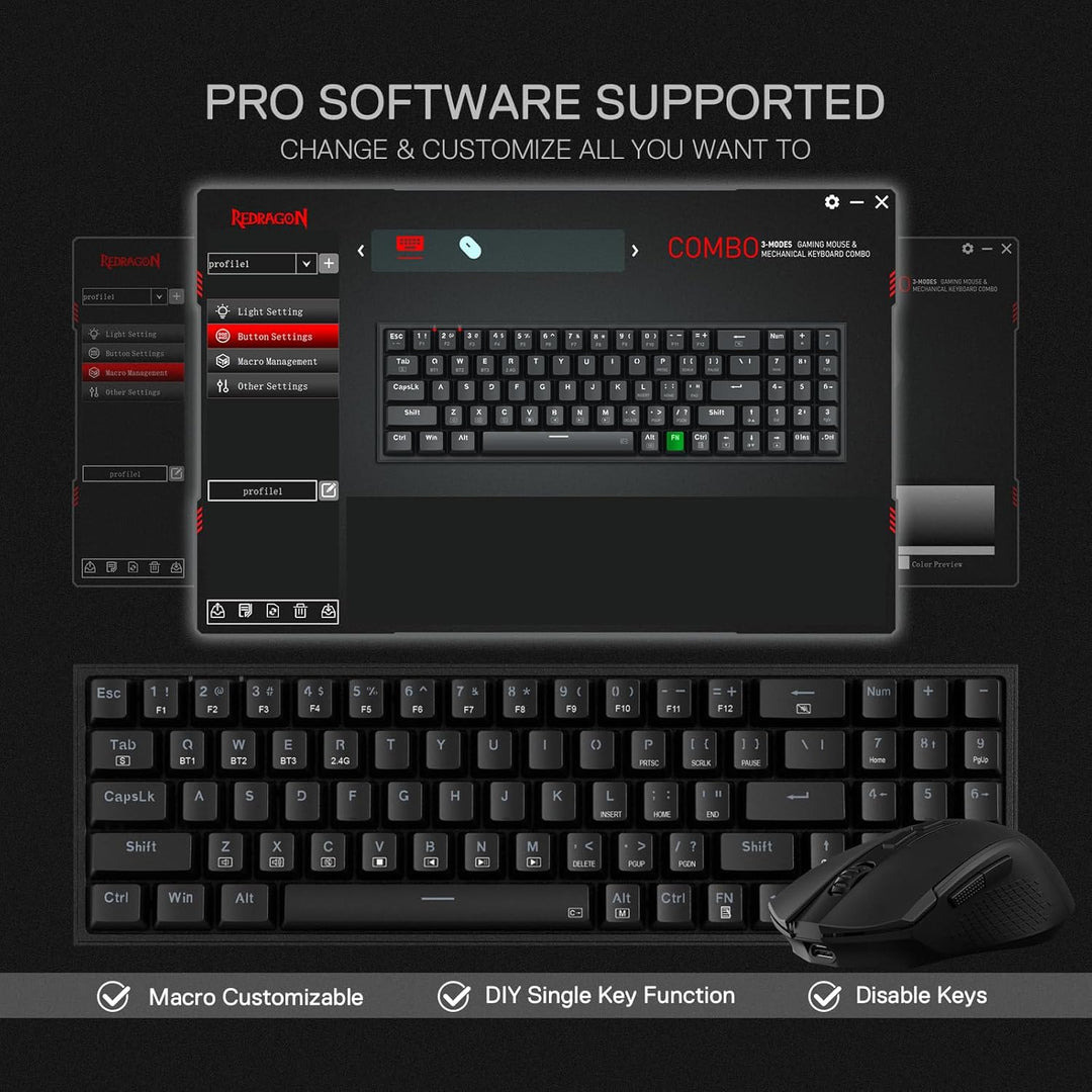 Redragon BS136 Gaming-Tastatur- und -Maus-Kombination, 75% K628 Tri-Mode-kabellose mechanische RGB-T