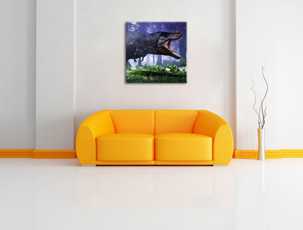 T-Rex Dinosaurier im Wald, Format: 70x70 auf Leinwand, XXL riesige Bilder fertig gerahmt mit Keilrah