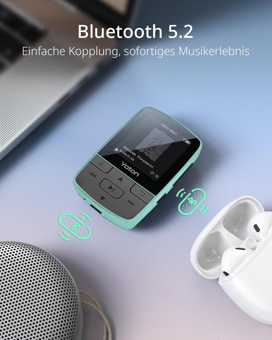 YOTON MP3-Player, 64 GB Musikplayer mit Sport-Clip, Bluetooth 5.2, Hi-Fi-Sound, FM-Radio, Sprachaufn