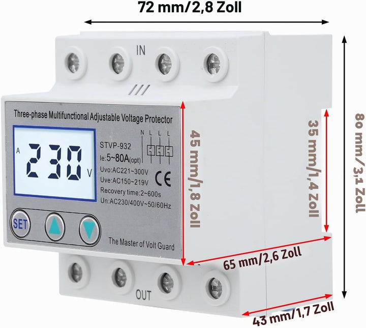 Überspannungsschutz, Einstellbarer Spannungsschutz STVP-932 230V/400V AC 3-Phasen-LCD-Multifunktions