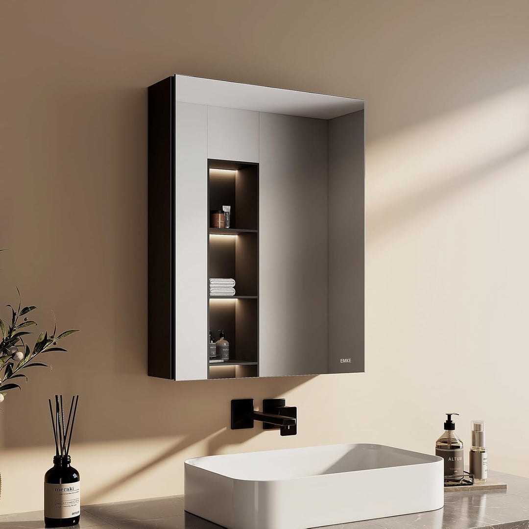 EMKE Spiegelschrank mit Innenspiegel, schwarzer Badezimmerspiegelschrank, Aluminium-Spiegelschränke