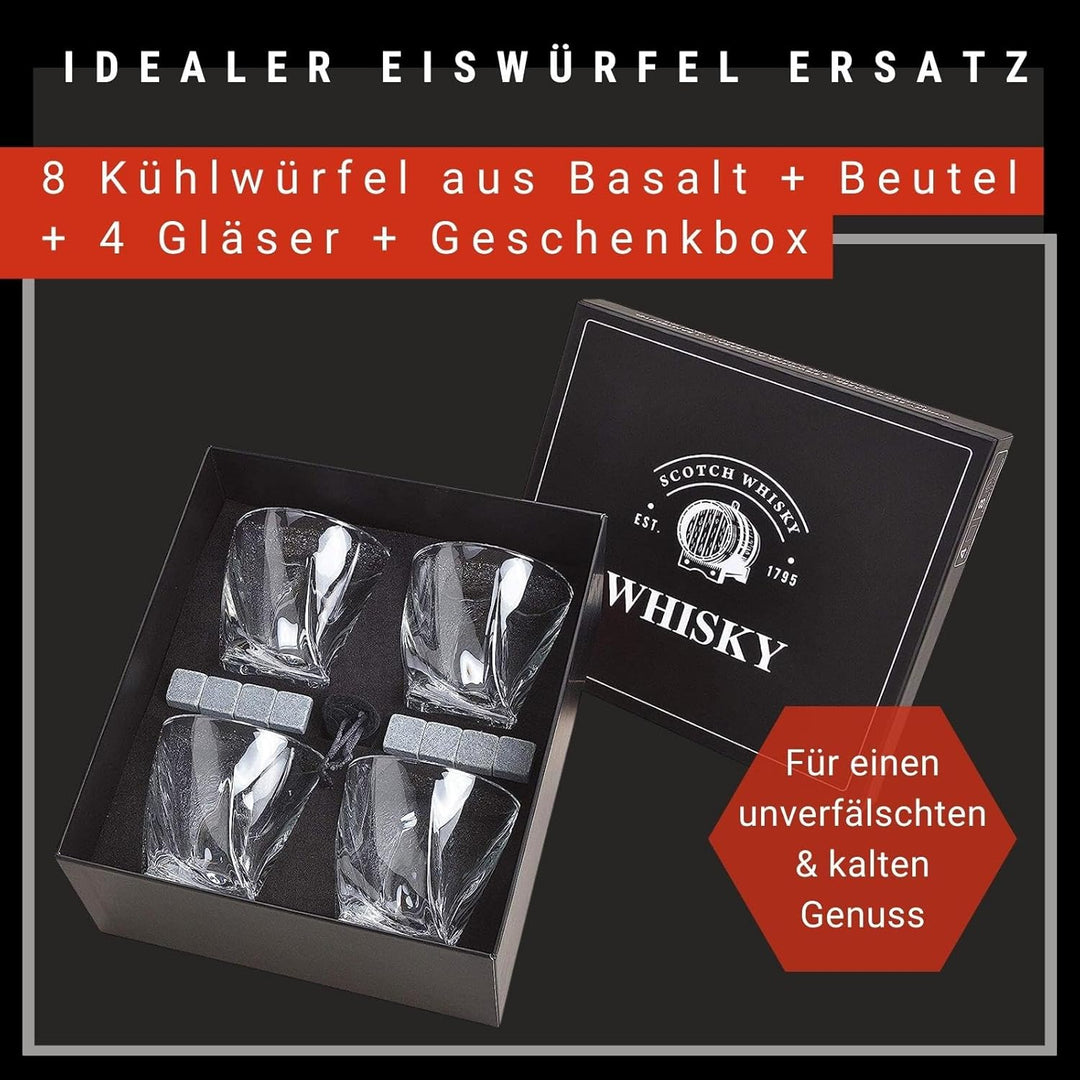 WOMA Whisky Steine Set I 8 Kühlwürfel aus Basalt inkl. Samtbeutel, 4 Whiskey Gläser & hochwertiger H