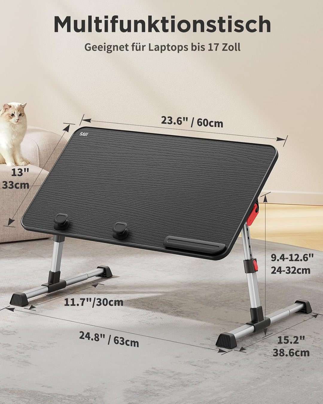 SAIJI Laptoptisch, Betttisch, Laptopständer,- Verstärkte Stabilität, verlängerte Beine - Einstellbar
