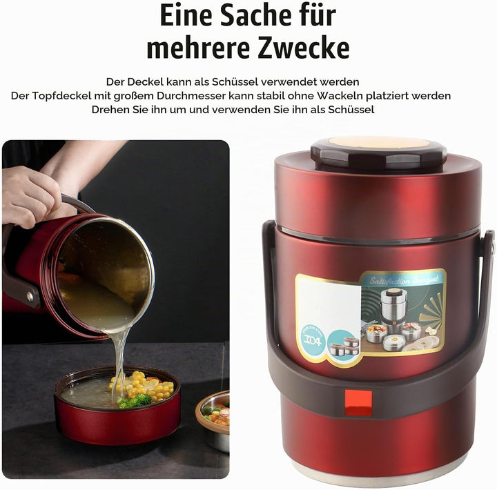 BuyWeek Thermobehälter für Essen, 2000ml Isolierte Lunchbox Edelstahl Warmhaltebehälter Tragbare 3 S