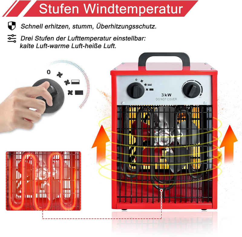 XMTECH Heizlüfter Elektroheizung 3kW 220V - Bauheizer Elektroheizer Heizstrahler Heizgeraet Heizgebl