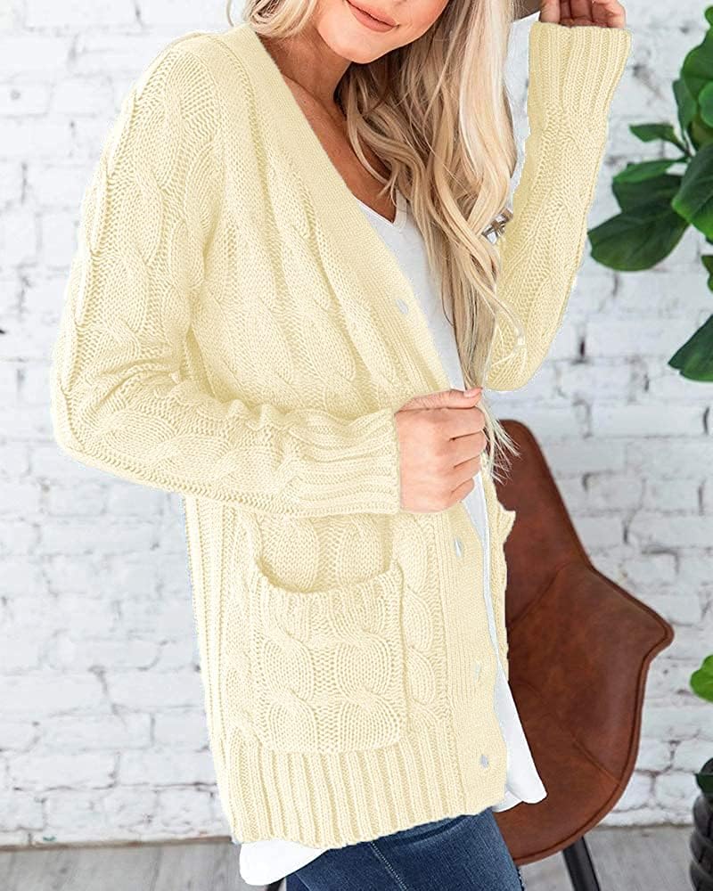 Maavoki Strickjacke Damen lang Elegant Open Front Grobstrick Strick Cardigan Langarm Strickjacken mi