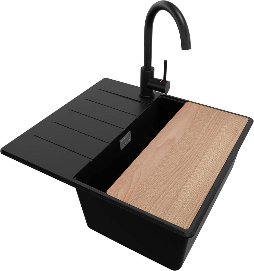 Granitspüle Schwarz 55x50cm, Spülbecken 1 Becken + Ablauf-Set + Küchenarmatur + Schneidebrett, Küche