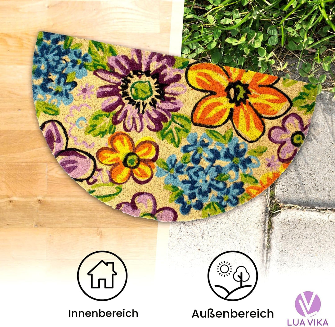 Fussmatte Kokos halbrund - Blumen - 40x70 cm - Fussmatte Aussen und Innen - Fussmatten Haustür - Tür