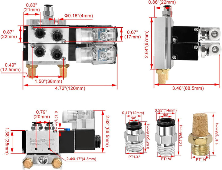 Heschen Elektrisches pneumatisches Doppel-Magnetventil, 4V210–08 220 VAC, PT1/4, 5-Wege, 2 Positione