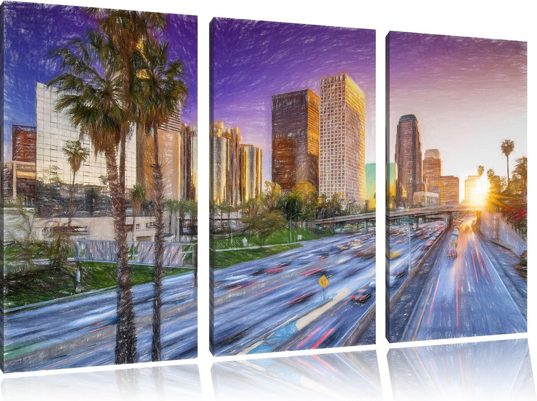 Pixxprint Strassenverkehr in Los Angeles als Leinwandbild/Grösse: 3 Teilig (120x80) cm/Wandbild/Kuns