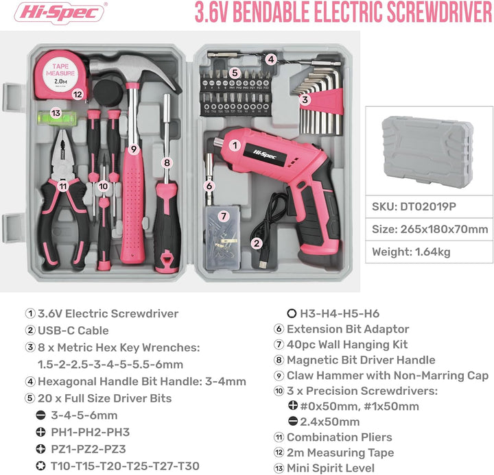 Hi-Spec 42tlg. Werkzeugkoffer mit kleinem 4V. Akkuschrauber und Haushaltswerkzeugen. Komplettes Werk