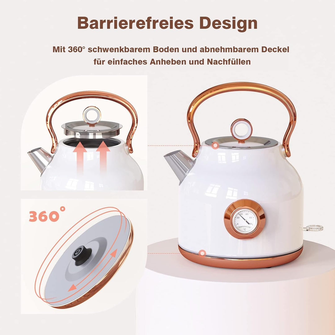 NESSGRAIM Retro Wasserkocher, 1,7 l Edelstahl-Teekessel mit Grosser Temperaturanzeige, 2200W Schnell