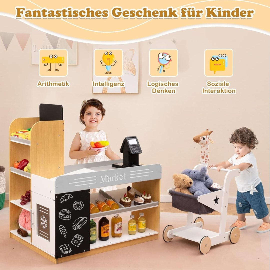 COSTWAY Kaufmannsladen, Kaufladen Kinder mit Einkaufswagen, Supermarkt Holz mit Kasse & 2 Tafeln, Ei