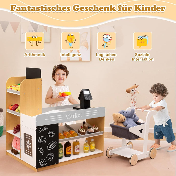 COSTWAY Kaufmannsladen, Kaufladen Kinder mit Einkaufswagen, Supermarkt Holz mit Kasse & 2 Tafeln, Ei