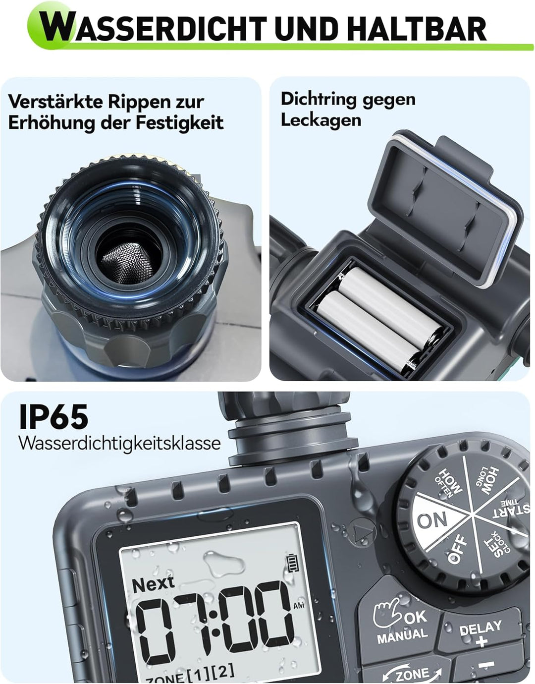 RAINPOINT Bewässerungscomputer 2 Ausgänge, IP65 Wasserdicht Wasser Zeitschaltuhr mit Regenverzögerun