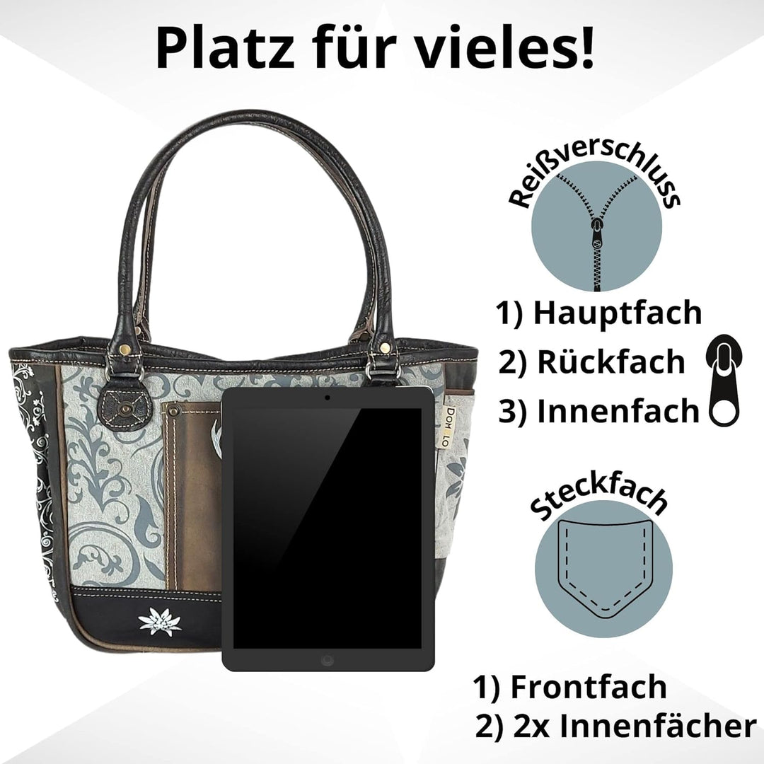 DOMELO Damen Trachtentasche. Dirndltasche aus Canvas & Leder. Trachten Handtasche mit Hirsch & Edelw