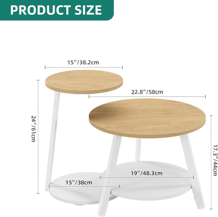 YITAHOME 2er Set Couchtisch Set Rund, Wohnzimmertisch mit Stauraum, Beistelltisch 2er Set Stapelbar