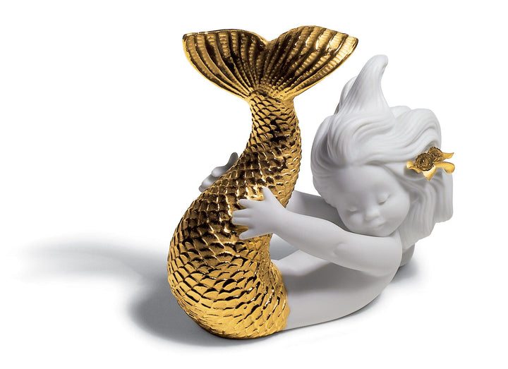 LLADRÓ Meerjungfrau-Figur Spielen Am Meer. Gold. Meerjungfrau. Porzellan.