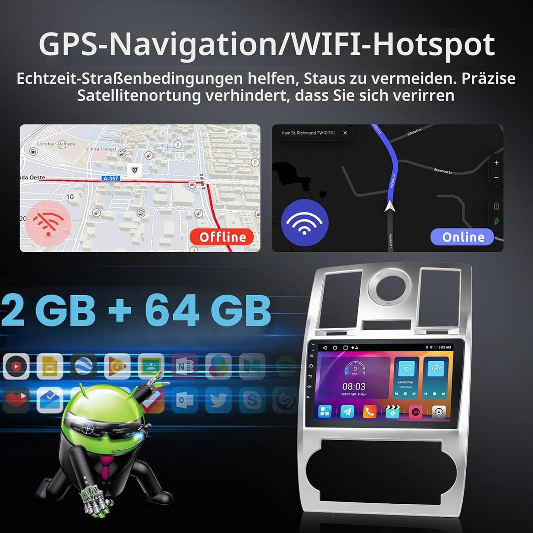 Hodozzy 2GB 64GB Autoradio für Chrysler 300 300C 2004-2011 Radio mit Wireless Carplay Android Auto M