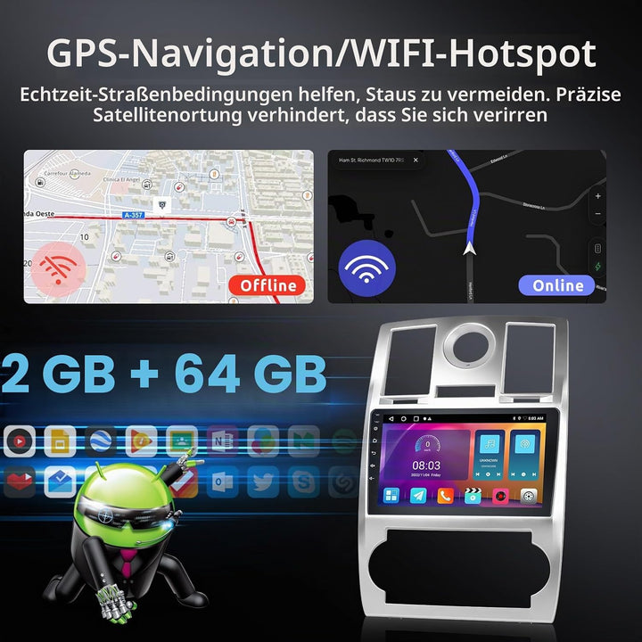 Hodozzy 2GB 64GB Autoradio für Chrysler 300 300C 2004-2011 Radio mit Wireless Carplay Android Auto M