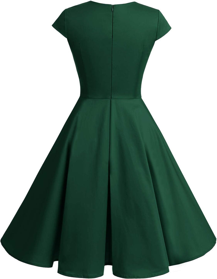 Bbonlinedress 1950er Vintage Retro Cocktailkleid Rockabilly V-Ausschnitt Faltenrock XS 01-dark Green