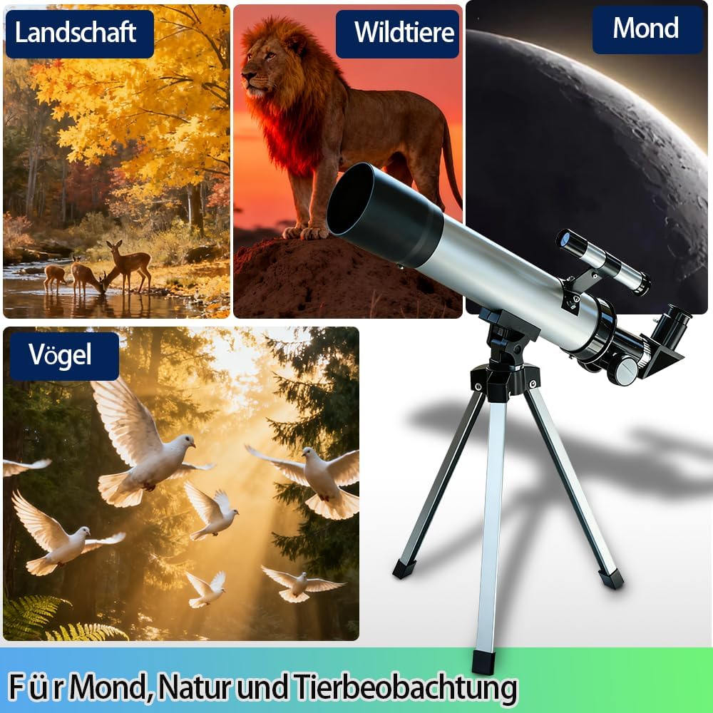 Teleskop für Kinder 50mm 100x Vergrösserung Anfänger Silber Telescopio mit Stativ, 2 Okularen, Suche