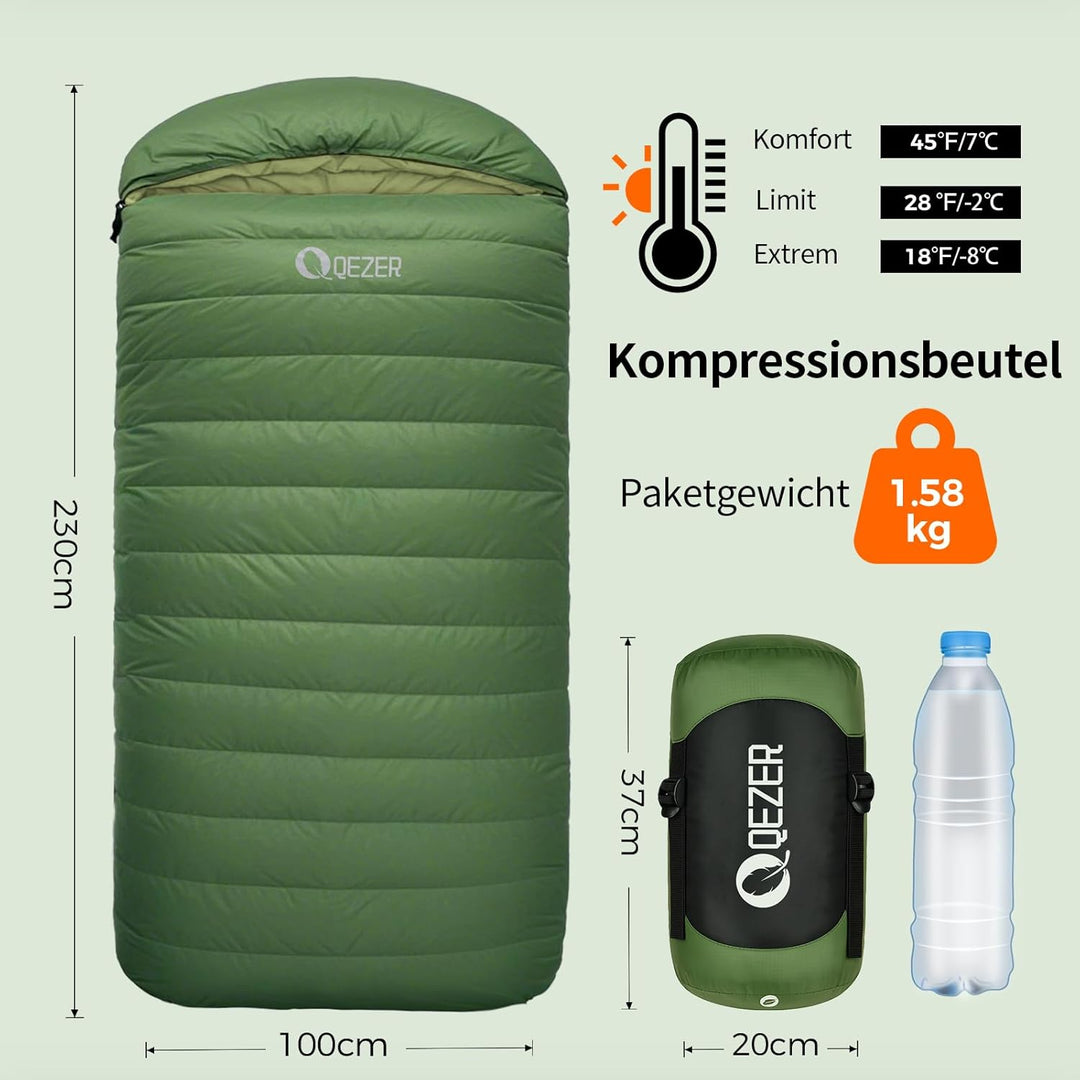 XXL Daunenschlafsack 3-4 Jahreszeiten extra grosser Schlafsack 230cm x100cm, leicht und warm Daunen