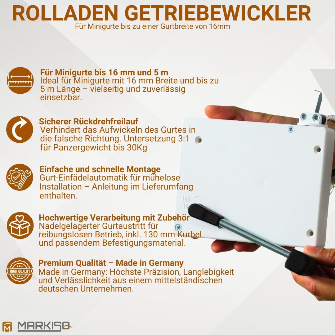 Rolladen Kurbelwickler Getriebewickler inkl. Kurbel für Gurte bis 16mm mit Einfädelautomatik 1 Stück