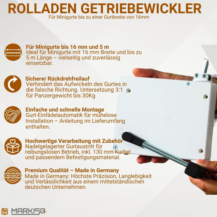 Rolladen Kurbelwickler Getriebewickler inkl. Kurbel für Gurte bis 16mm mit Einfädelautomatik 1 Stück