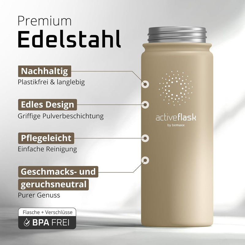Trinkflasche Edelstahl ACTIVE FLASK + Strohhalm (3 Deckel) BPA-frei, Auslaufsicher, Kohlensäure geei