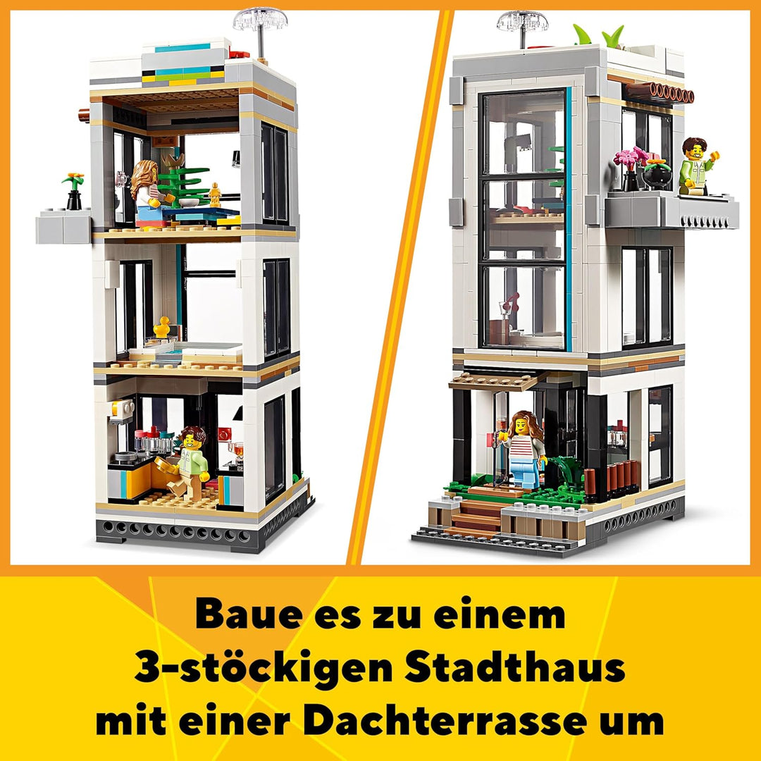 LEGO Creator Modernes Haus, 3-in-1-Set zum Umbauen in EIN Stadthaus oder eine Waldhütte, Modellhaus,