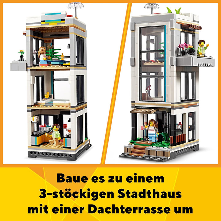 LEGO Creator Modernes Haus, 3-in-1-Set zum Umbauen in EIN Stadthaus oder eine Waldhütte, Modellhaus,