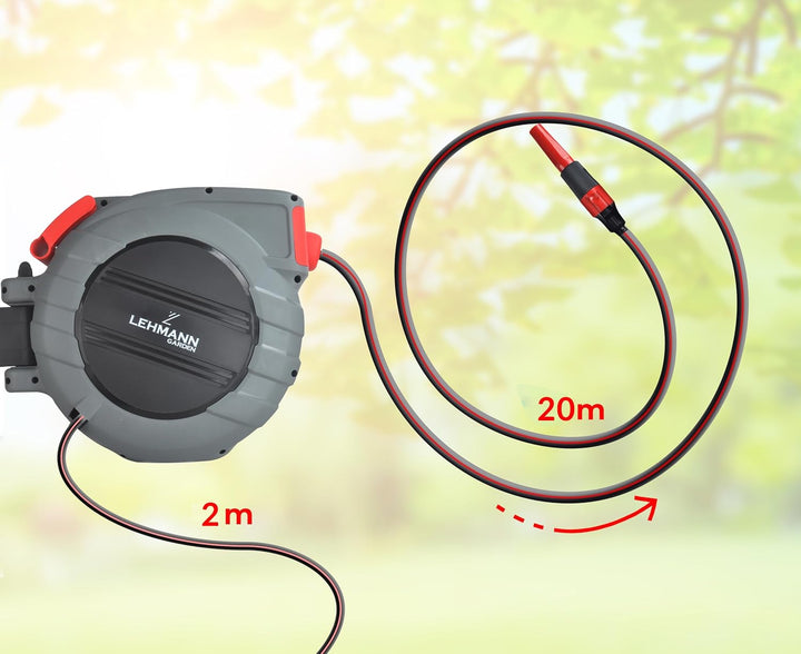 LEHMANN Wand-Schlauchbox 20 m + 2 m, Schlauchtrommel für Flexible Gartenbewässerung, Automatischer S